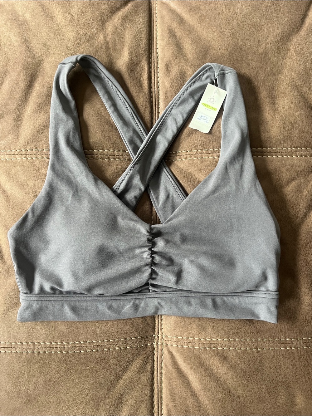 aerie Light Gray Cross-Back Ruched Sports Bra